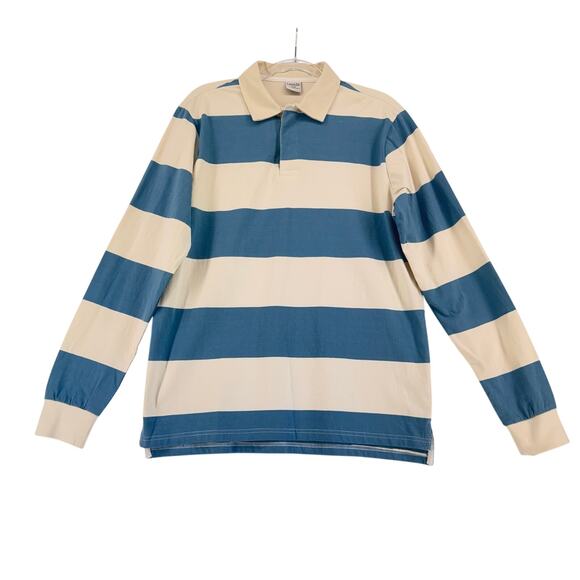 Cotton On Loose Fit Rugby Shirt Blue Beige Stripe Collared Long Sleeve M preppy - Picture 1 of 6